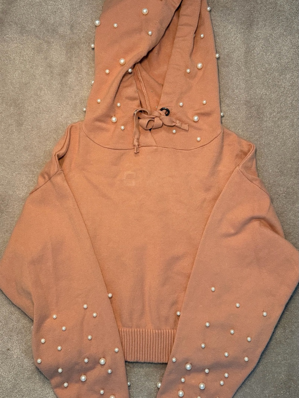 Zara Peach Pearl-Embellished Hoodie Sweater